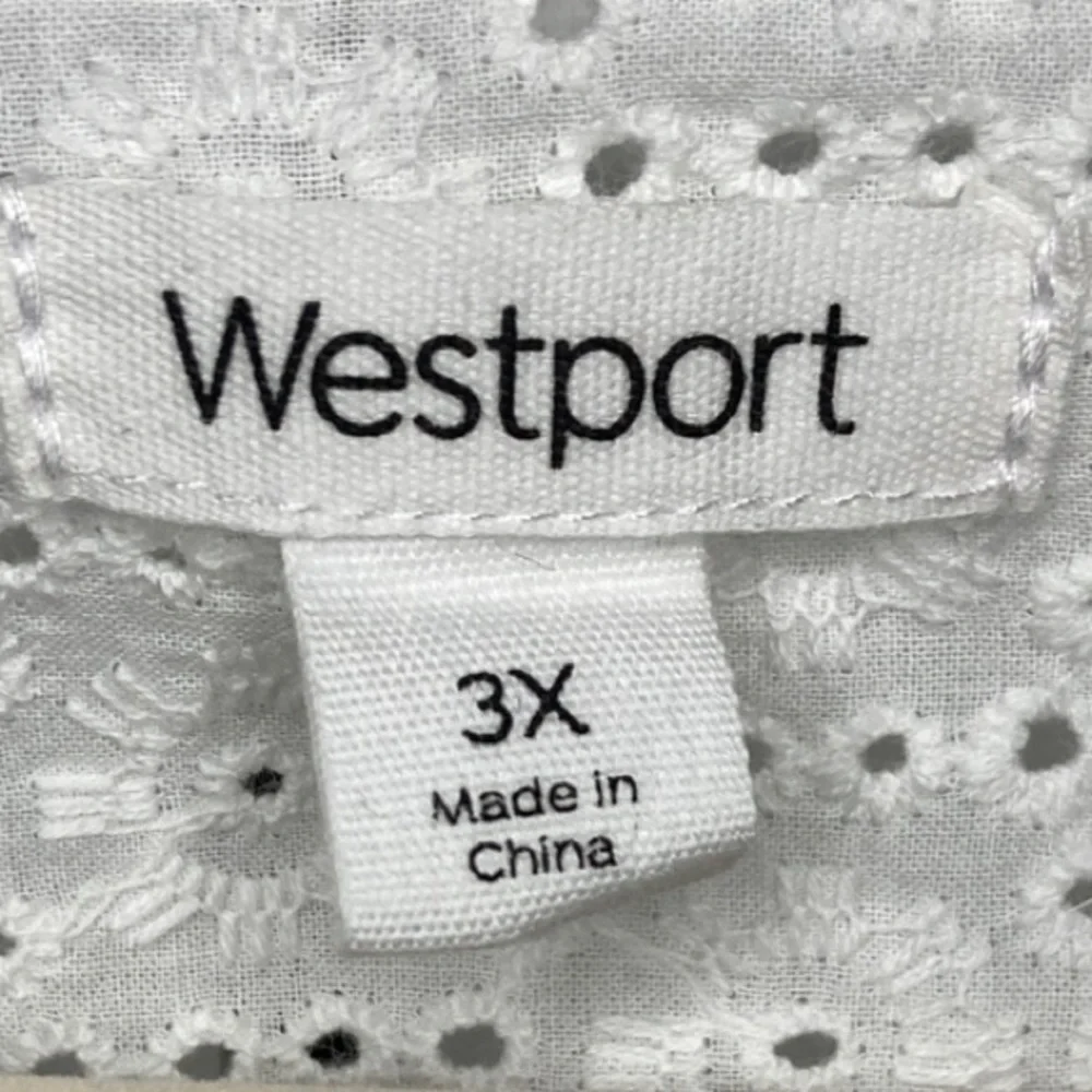 Westport 3X Women’s Romantic White Eyelet Cotton Peasant Top with Tassle Tie - Picture 2 of 8